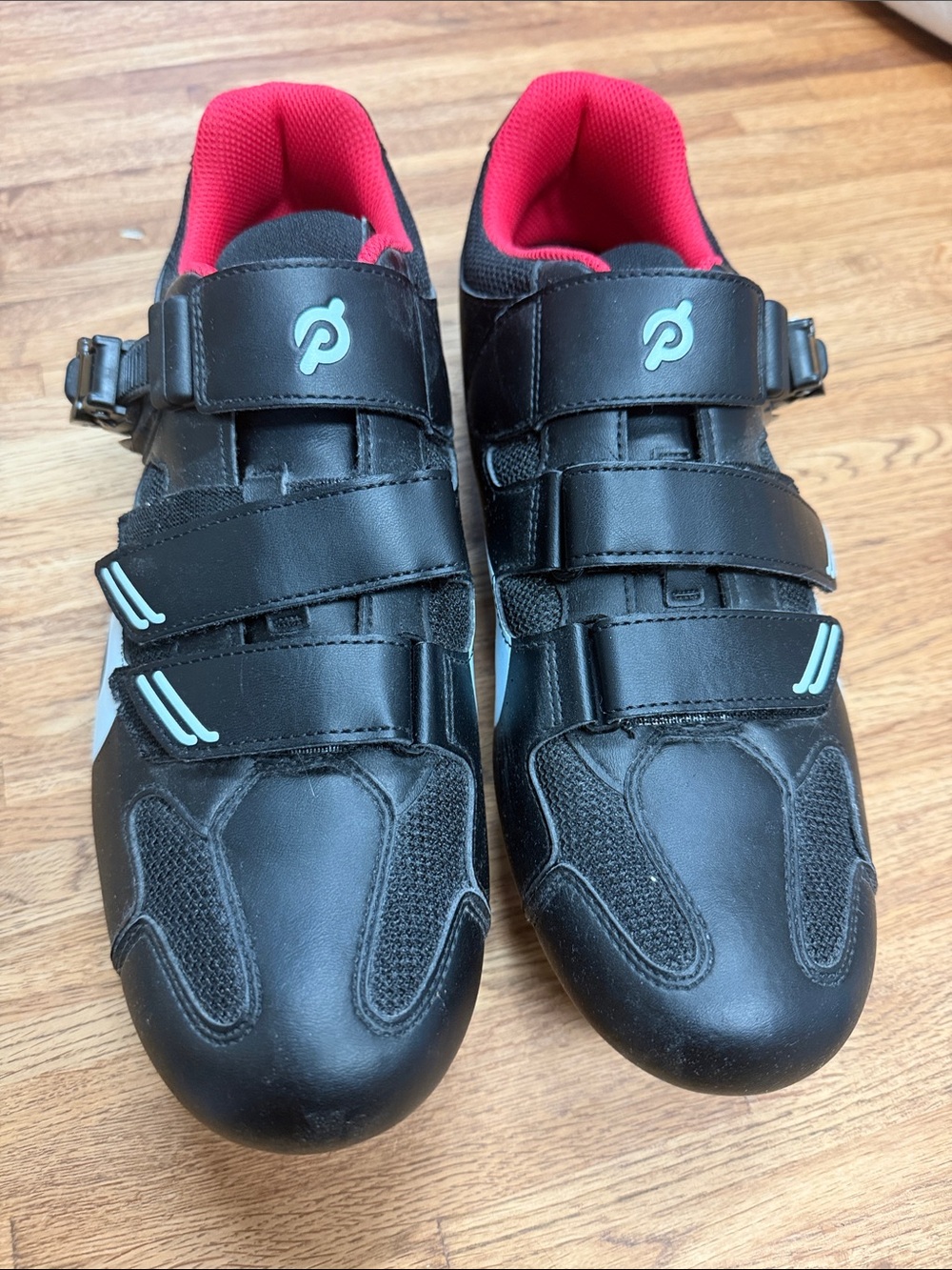 Peloton Black Cycling Shoes with Red Interior and Teal Accents